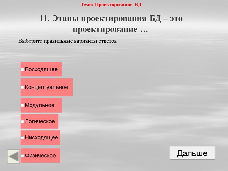 Тема: Проектирование БД 11. Этапы проектирования БД – это проектирование …  Выберите правильные